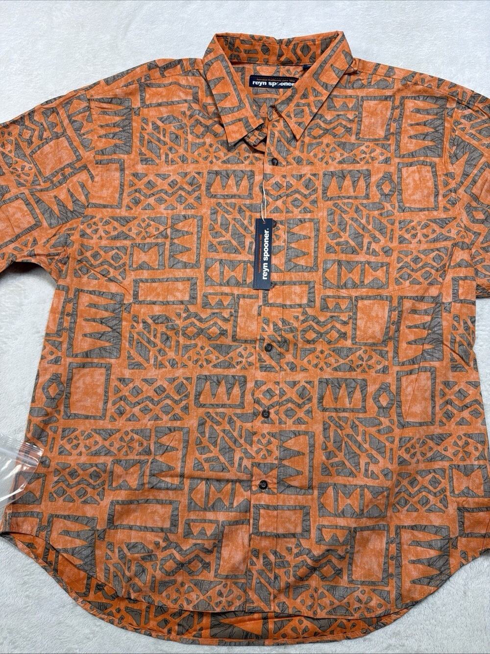 NWT Reyn Spooner Hawaiian Shirt XXL Orange Grey Reverse Tapa Print Cotton Korea